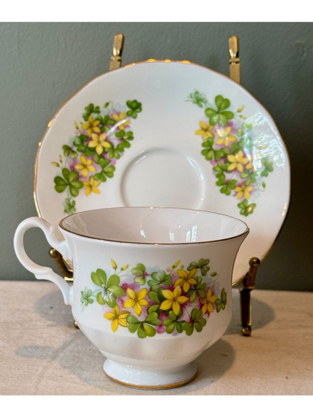 Vintage Queen Anne Teacup and Saucer Shamrock Floral Bone China England Cottagec